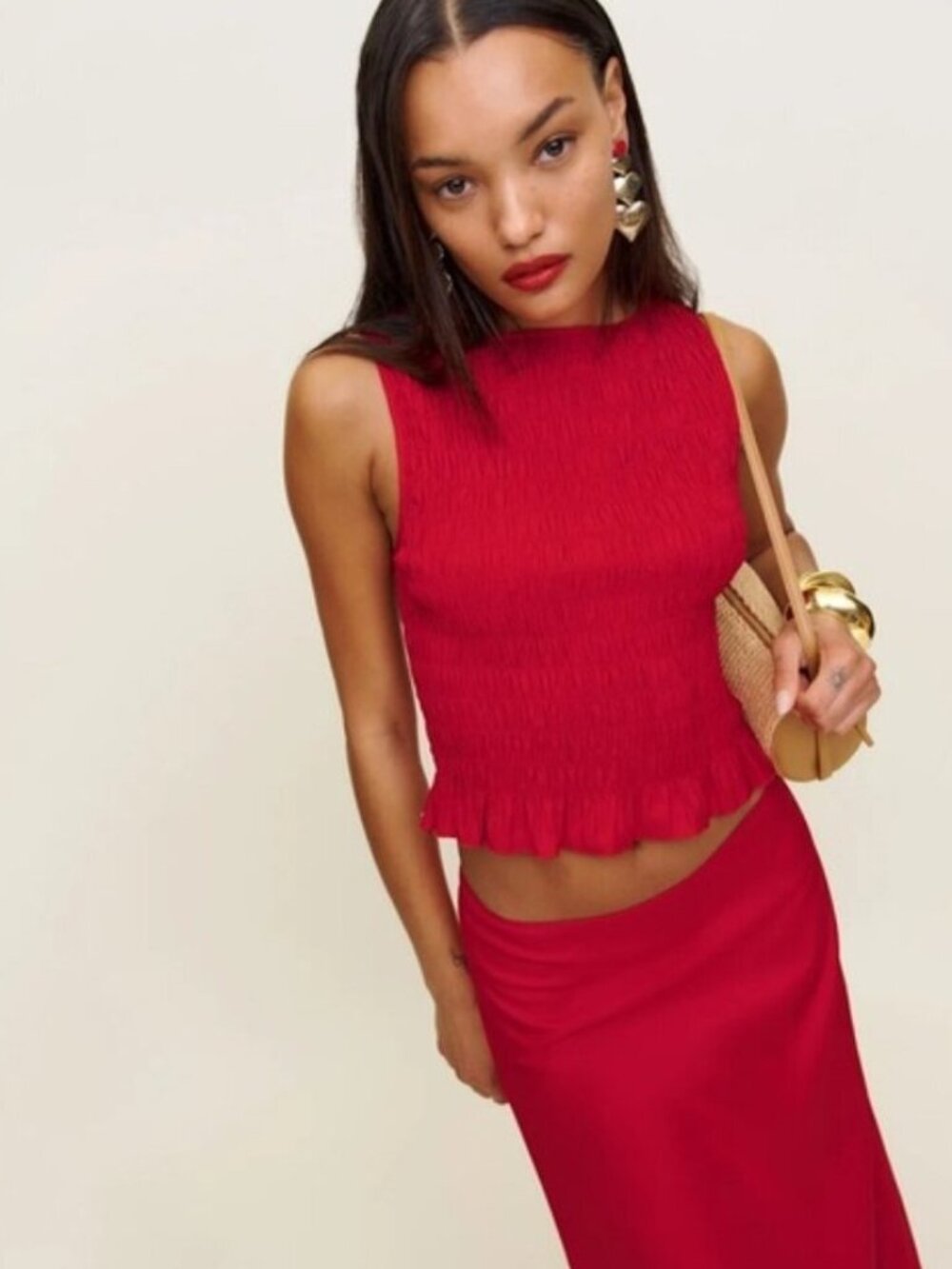 NEW Reformation Laguna Two Piece Matching Midi Skirt Set Lipstick Red US 2 UK 4 - Picture 3 of 14